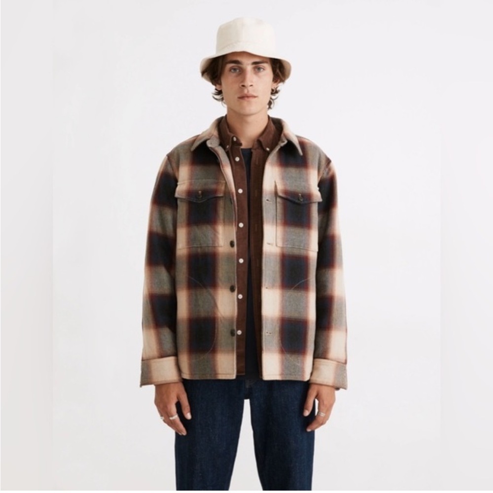 Madewell Quilted Shirt Jacket Plaid Navy Blue Red Cream Size M